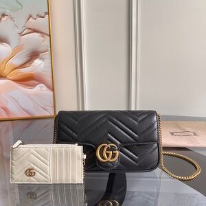 CHANEL Black Quilted Crossbody with White Card Wallet and Gold Hardware